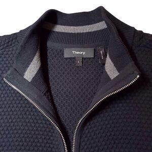 Theory Udeval Breach Zip Sweater Size L Black Waffle Knit Slim Fit Cotton EUC